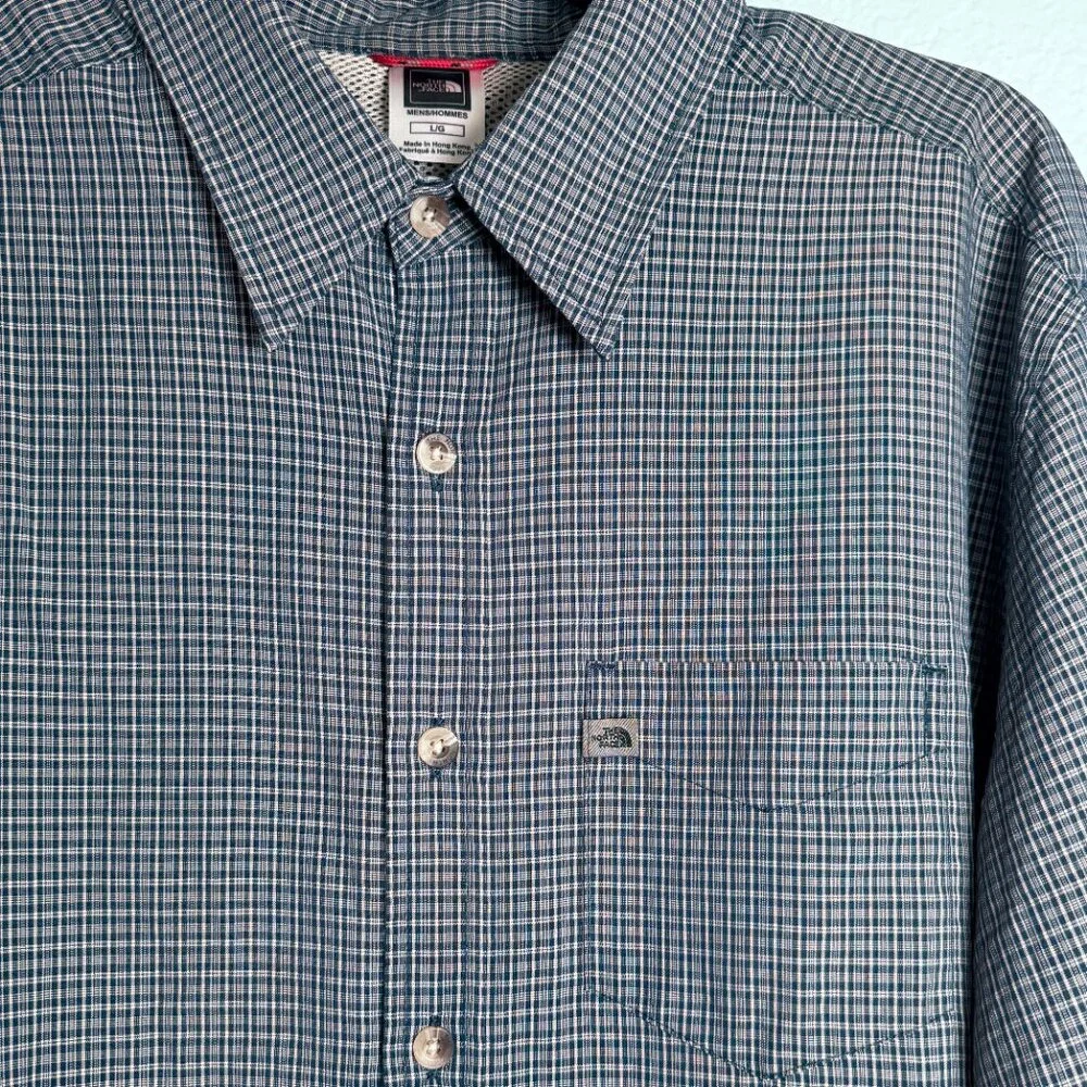 The North Face Shirt Mens L Blue Plaid Long Sleeve Pockets Modal Button-Up Mesh‎